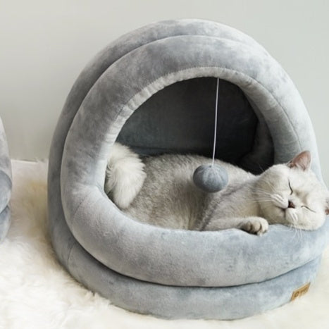 Cozy cave hooded pet bed for anxious cats and small dogs